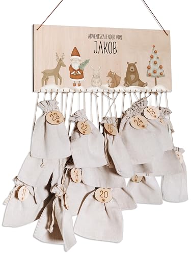 Bärenfreunde® - Personalisierter Adventskalender zum selber befüllen - mit kinderfreundlichem Druck auf Holz - mit Juteschnur Jutesäckchen und Holzzahlen (Weimann Wintertiere) von Bärenfreunde
