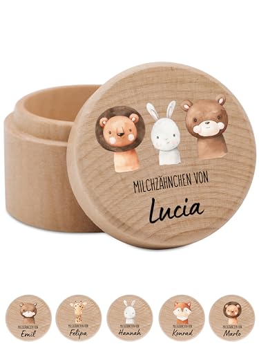 Bärenfreunde - Milchzahndose personalisiert aus Holz mit kinderfreundlichem UV-Druck - Zahndose Milchzähne als Erinnerung an die ersten Zähnchen (3 Tiere) von Bärenfreunde