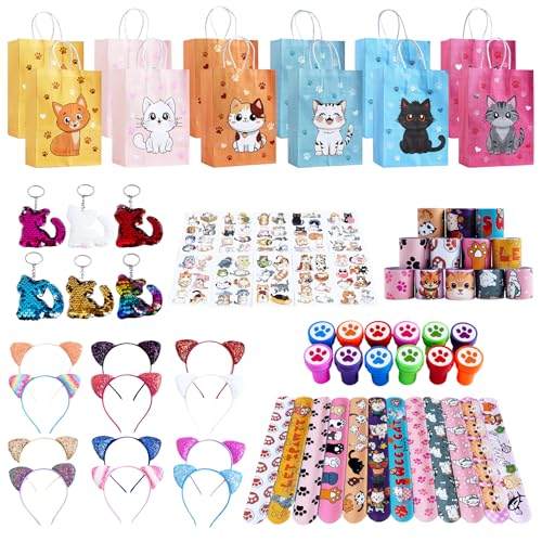 Bafeil 72PCS Katzen Mitgebsel Kindergeburtstag Pinata Geburtstag Mädchen mit Geschenktüten Katzenohren Stirnband und Schlüsselanhänger Stempel Schnapparmband DIY Aufkleber Give Aways Kindergeburtstag von Bafeil