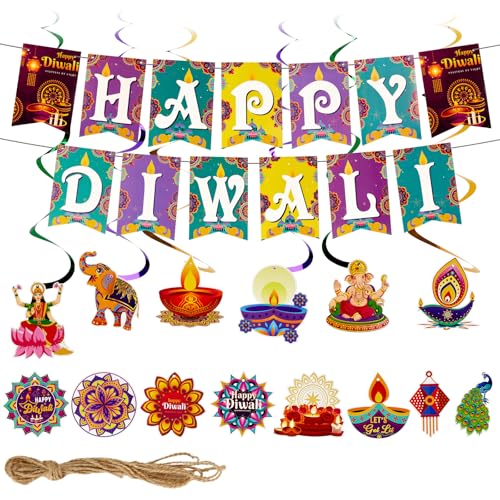 Bafeil Diwali Dekorationen für Haus - Diwali Dekorationsset mit Happy Diwali Banner, hängenden Wirbeln und Papierfächer für Zuhause, indisches Festival, Party, Decken- und Wanddekoration Bafeil Diwali Dekorationen für Haus - Diwali Dekorationsset mit Happy Diwali Banner, hängenden Wirbeln und Papierfächer für Zuhause, indisches Festival, Party, Decken- und Wanddekoration von Bafeil