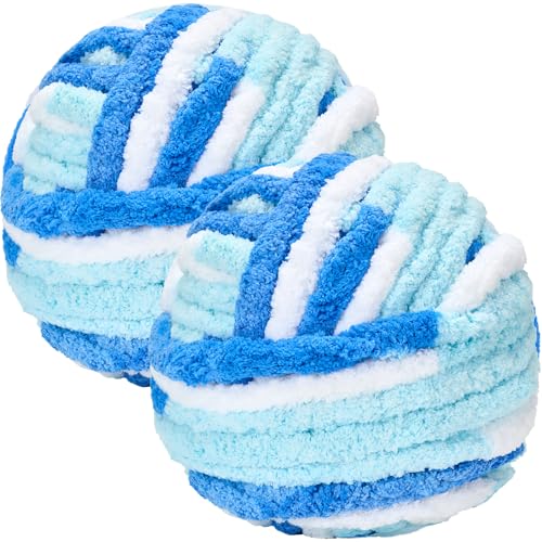 Bafeil Grobes Garn zum Handstricken, 250 g x 2, superweiche, dicke Wolle zum Häkeln & Stricken, flauschiges Chenille-Garn für gemütliche Decken, Schals, Mützen, Armstricken, Farbverlauf Blau von Bafeil