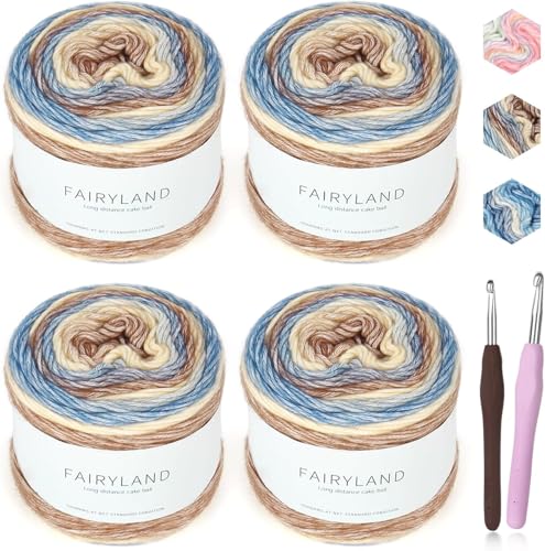 Bafeil Ombre-Garn zum Häkeln, Stricken – 4 x 100 g Farbverlaufsgarn, 60 % Baumwolle, 30 % Acryl, 10 % Wolle mit 2 Haken, DK Kuchengarne, zum Häkeln von Babydecken, Schals, Mützen, Schals und DIY Bafeil Ombre-Garn zum Häkeln, Stricken – 4 x 100 g Farbverlaufsgarn, 60 % Baumwolle, 30 % Acryl, 10 % Wolle mit 2 Haken, DK Kuchengarne, zum Häkeln von Babydecken, Schals, Mützen, Schals und DIY von Bafeil