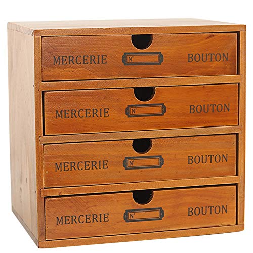 Baffect Desktop Schubladenbox Holz 4 Stöckig Aufbewahrungsbox mit Schubladen Vintage Schmuckkästchen Holzkästchen Holzbox mit Schubfach Organizer Holz Tischkommode zur Aufbewahrung, 4 Etage von Baffect