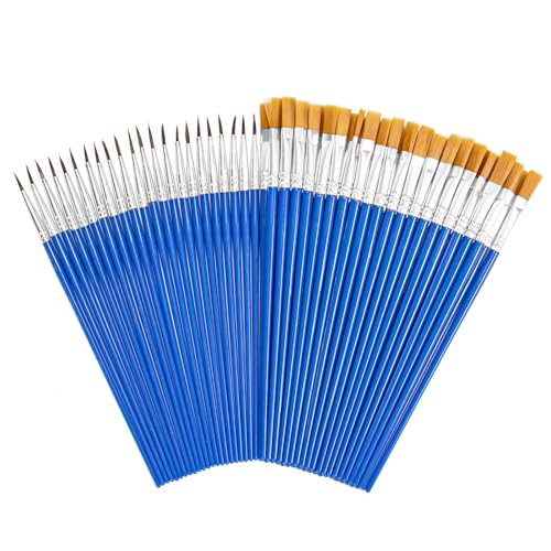 100 Stück Pinsel Set, 50 Runde Pinsel und 50 Flache Pinsel, Pinselset für Acryl, Wasserfarben Ölmalereien,Körper Gesicht Felsen Leinwand Künstler, Malliebhaber und Anfänger von Bafiwu