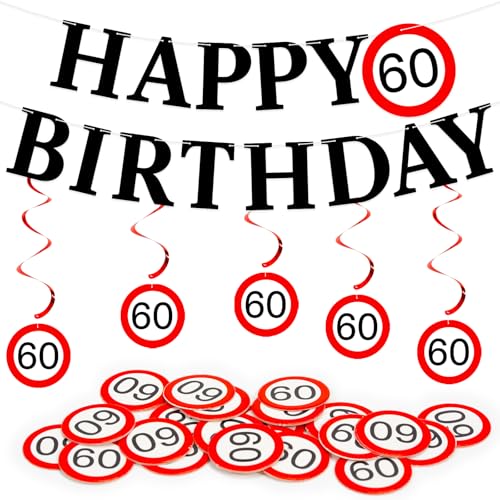 60 Geburtstag Deko Mann Frau, Deko 60 Geburtstag mit Girlanden und 40 Stk Konfetti, Verkehrsschild 60 Geburtstagsdeko, 60 Jahre Dekoset Partyzubehör, Happy Birthday Geburtstagsgirlande von Bafiwu