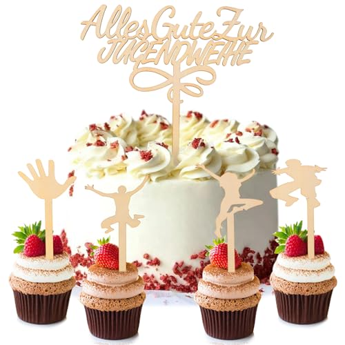 Holz Jugend-weihe Tortendeko, 5 Stück Jugend-weihe Cake Topper Deko, Tortendeko Jugendweihe Mädchen Junge, Kuchen Topper für Jugendweihe Deko (5 pcs) von Bafiwu