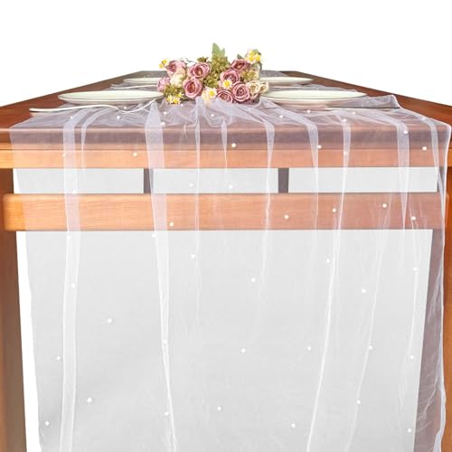 Tischläufer Weiß 80x400 cm, Chiffon Stoff Meterware mit Perlen, Eleganter Tüll Weiß Tischläufer Hochzeit, Transparenter Tischläufers aus Chiffon für Tischdeko, Party & Boho Deko Tischläufer Weiß 80x400 cm, Chiffon Stoff Meterware mit Perlen, Eleganter Tüll Weiß Tischläufer Hochzeit, Transparenter Tischläufers aus Chiffon für Tischdeko, Party & Boho Deko von Bafiwu