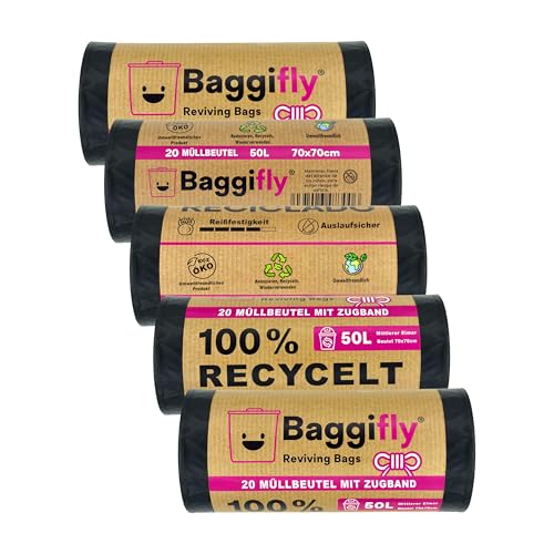 Baggifly, 50L Müllbeutel, 100 Stück Super Reißfest, 100 % Recycelt, Mit Zugband, Öko-Freundlich, Für Haushalt, Büro & Gastronomie, 5 x 20 Beutel, Aus lokaler Produktion Baggifly, 50L Müllbeutel, 100 Stück Super Reißfest, 100 % Recycelt, Mit Zugband, Öko-Freundlich, Für Haushalt, Büro & Gastronomie, 5 x 20 Beutel, Aus lokaler Produktion von Baggifly Reviving Bags