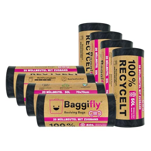 Baggifly, 50L Müllbeutel – 160 Stück Super Reißfest, 100 % Recycelt, Mit Zugband, Öko-Freundlich, Für Haushalt, Büro & Gastronomie, 8 x 20 Beutel, Aus lokaler Produktion Baggifly, 50L Müllbeutel – 160 Stück Super Reißfest, 100 % Recycelt, Mit Zugband, Öko-Freundlich, Für Haushalt, Büro & Gastronomie, 8 x 20 Beutel, Aus lokaler Produktion von Baggifly Reviving Bags