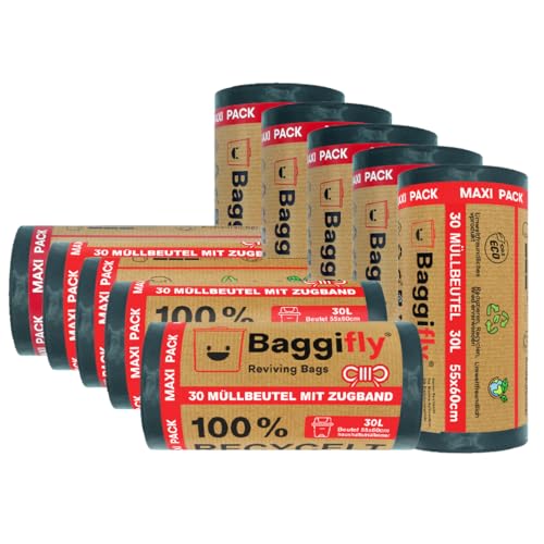 Baggifly, Müllbeutel 30L, 300 Stück, Extra Reißfest, 100% Recycelt, Mit Tragegriffen, Umweltfreundlich, Perfekt für den Haushalt, 10 Rollen à 30 Beutel, In Europa hergestellt Baggifly, Müllbeutel 30L, 300 Stück, Extra Reißfest, 100% Recycelt, Mit Tragegriffen, Umweltfreundlich, Perfekt für den Haushalt, 10 Rollen à 30 Beutel, In Europa hergestellt von Baggifly Reviving Bags