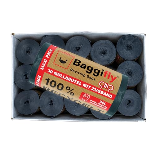 Baggifly, Müllbeutel 30L, 900 Stück, Extra Reißfest, 100% Recycelt, Mit Tragegriffen, Umweltfreundlich, Perfekt für den Haushalt, 30 Rollen à 30 Beutel, In Europa hergestellt von Baggifly Reviving Bags