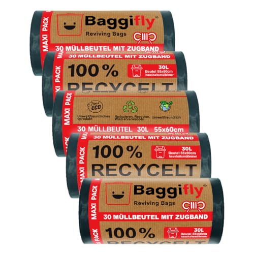 Baggifly Müllbeutel 30L, 150 Stück, Extra Reißfest, 100% Recycelt, Mit Tragegriffen, Umweltfreundlich, Perfekt für den Haushalt, 5 Rollen à 30 Beutel, In Europa hergestellt Baggifly Müllbeutel 30L, 150 Stück, Extra Reißfest, 100% Recycelt, Mit Tragegriffen, Umweltfreundlich, Perfekt für den Haushalt, 5 Rollen à 30 Beutel, In Europa hergestellt von Baggifly Reviving Bags
