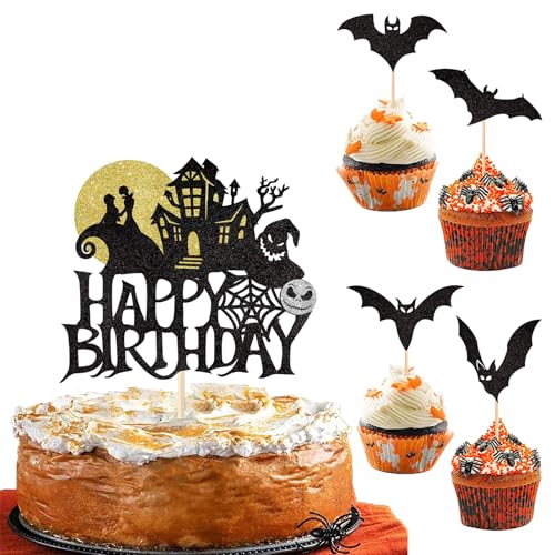 25 Stück Halloween Dekoration - 24 Fledermaus Deko Cupcake Toppers & 1 Glitzer Kürbis Tortenaufleger - Halloween Happy Birthday Cake Topper für Hexe, Zauberer und Gespenst Party - Kuchendekoration 25 Stück Halloween Dekoration - 24 Fledermaus Deko Cupcake Toppers & 1 Glitzer Kürbis Tortenaufleger - Halloween Happy Birthday Cake Topper für Hexe, Zauberer und Gespenst Party - Kuchendekoration von BaiDekun