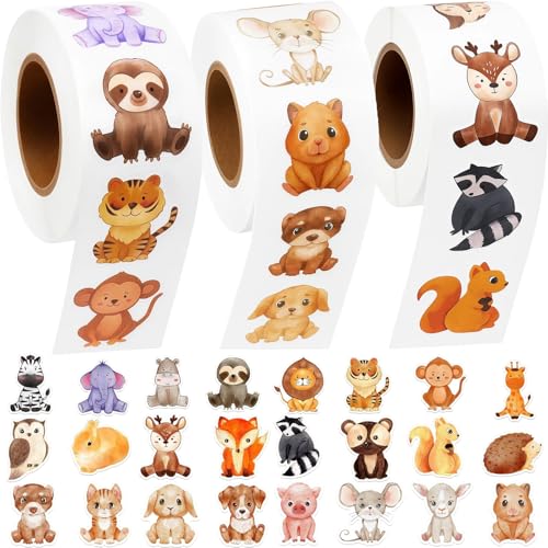 3 Rollen Tiere Sticker Rolle,1500 Sticker Für Kinder, Aufkleber Tiere, Belohnungssticker Für Schule, Kindergarten, DIY, Party, Geschenke, (Tier Patterns) von BaiDekun