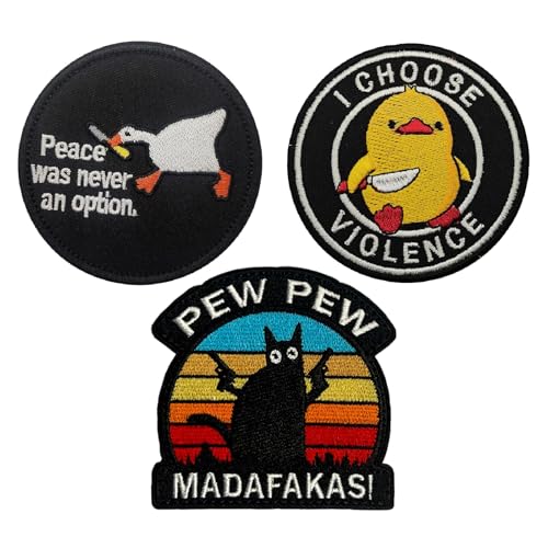 3 Stück Klett Patches – Patch-Designs PEW PEW MADAFAKAS Schwarz Katze mit Pistole Aufnäher Moral Patches Klett Stickerei für Rucksäcke, Jacken, Jeans von BaiDekun