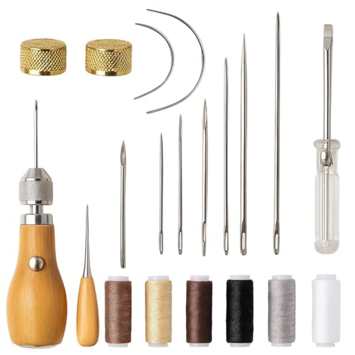 Leder-Nähset für DIY, Lederhandwerk – Enthält 7 Nadeln, 6 Lederwachs-Rollen, Messingring, Spule, Greifer | Komplettset von BaiDekun