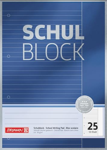 Brunnen Schulblock / Notizblock Premium (A4, 50 Blatt, liniert, mit Rand, Lineatur 25, gelocht, kopfverleimt, 90 g/m²) von Brunnen