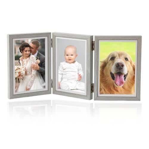Baieye Bilderrahmen 3 Bilder,10x15cm Fotorahmen für mehrere bilder,Aufklappbar Picture Frame aus Holz,für Tischaufsteller oder Geschenke (Grau) von Baieye
