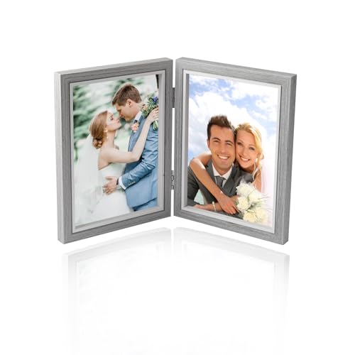 Baieye Bilderrahmen Doppelt Klappbare,Fotorahmen 10x15cm,Doppelbilderrahmen Holz,für Tischaufsteller oder Geschenke (Grau) von Baieye