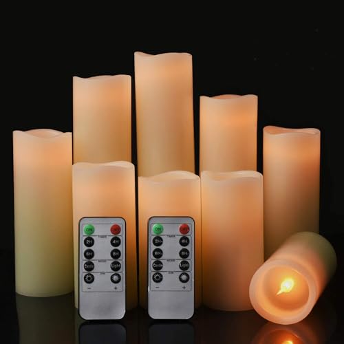 LED Kerzen, Flammenlose Kerzen Set von 9,Batteriebetrieben Kerzen Flackern, D5,5cmxH10/12,5/15/17,5/20/22,8cm, Echtwachs-Stumpenkerzen mit Fernbedienung und 24-Stunden Timerfunktion (Elfenbein) von Baikaraer