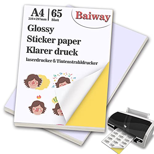 Baiway Universal Etiketten Selbstklebend 65 Blatt 210 x 297 mm, Glänzende Druckerpapier A4 Aufkleber Papier Etikettendrucker Bedruckbar für Büromaterial Laser und Tintenstrahldrucker von Baiway