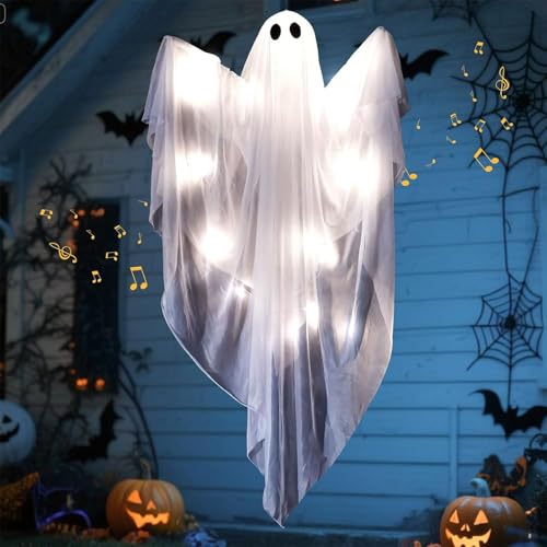Halloween-Hängegeist mit Licht, gruseliger weißer fliegender Geist mit 3 Lichtmodi und gruseligen Geräuschen, schwingender Geist, Induktionsaktivierung, Halloween-Dekoration für Vorgarten, Terrasse von Bajbumgn