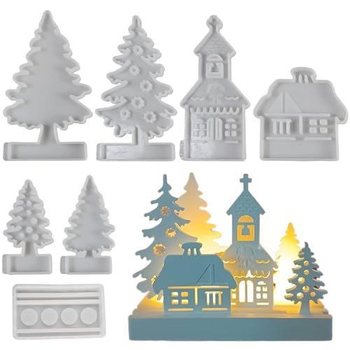 Silikonformen Gießformen Weihnachten, 7 Stück Weihnachtsbaumhaus-Kerzenhalterform, Gussformen für Gips, Epoxidharz Formen, Gießform Tannenbaum für Duftkerzenherstellung von Bajbumgn