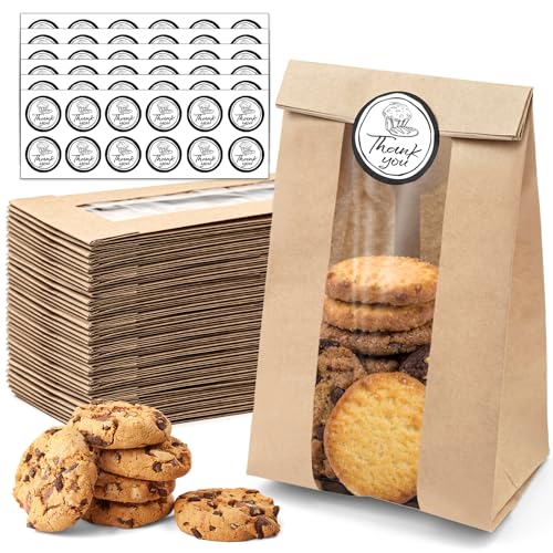 Bake Choice 50 Stück Papiertüten mit Fenster und Siegel,Bäckertüten Braun(8,89x5,85x19,05 cm),mit 60×Aufklebern,für Keks & Brottüten & Süßigkeiten & Süßwaren von Bake Choice