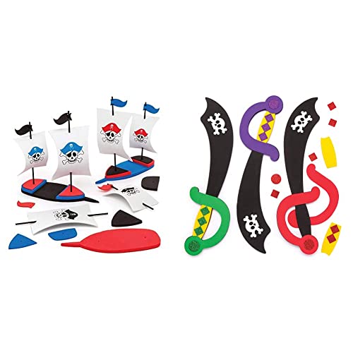 Baker Ross Bastelsets „Piratenschiff“ (3 Stück) – Bastelidee für Kinder zum Zusammensetzen und Spielen & Moosgummi-Bastelsets „Piratenschwert“ (4 Stück) – für Kinder zum Verzieren und Verkleiden von Baker Ross