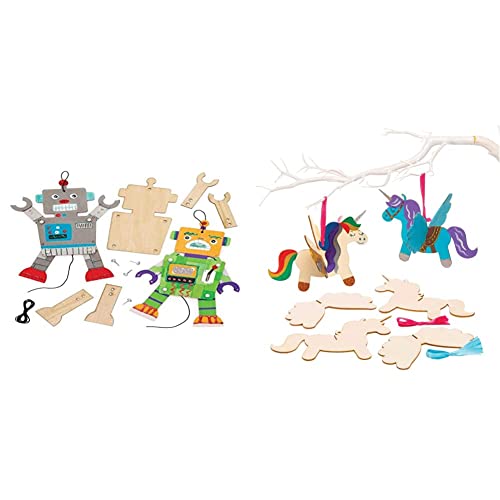 Baker Ross Bastelsets Holzfiguren „Roboter“ (4 Stück) – bewegliche Puppe mit beweglichen Armen und Beinen für Kinder zum Gestalten & AT312 3D Einhorn-Set aus Holz (6 Stück) von Baker Ross