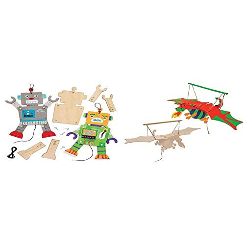 Baker Ross Bastelsets Holzfiguren „Roboter“ (4 Stück) & Bastelsets Holzfiguren Drache (3er-Pack) Bewegliche Puppen mit Flügelschlag für Kinder zum Basteln im Klassenzimmer, AW568 von Baker Ross