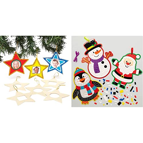 Baker Ross Deko-Anhänger Stern aus Holz mit Fotorahmen (8er-Pack) & AX483 Mosaik-Baumschmuck-Kits, Motive: Weihnachtllich, 5 Stück, Festliche Ornamente für kreative Kunst- und Bastelaktivitäten von Baker Ross