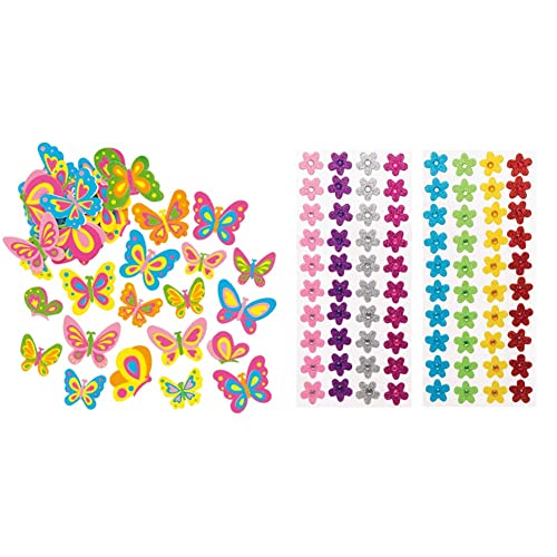 Baker Ross EF805 Schmetterling Moosgummi Sticker - 105 Stück, Schaumstoff Aufkleber für Kinder zum Basteln, Gestalten und Dekorieren & Moosgummi-Aufkleber „Blumen mit Schmucksteinen“ (80 Stück) von Baker Ross