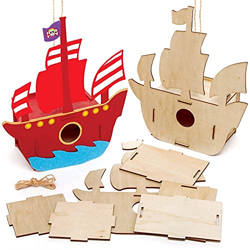 Baker Ross FE357 Vogelhaus-Set, Piratenschiff aus Holz, Holzhandwerk-Aktivitäten zum Bemalen und Dekorieren für Kinder, Kunst und Handwerk oder Gartenprojekte, 2 Stück, Mittel von Baker Ross