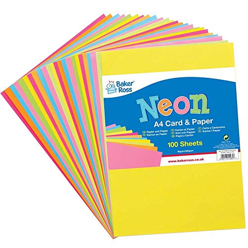 Baker Ross FE485, Neon, A4-Papier und Karton, Packung mit 102 Stück, farbiges Kunstzubehör für Kinder, Bastelarbeiten von Baker Ross