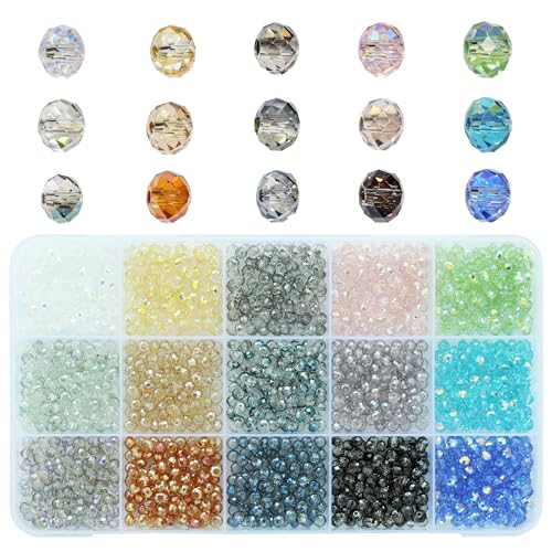 Bala&Fillic 4mm Facettierte Glasperlen Rondelle Kügelchen 15 Farben 1500 Stück Perlen mit Aufbewahrungsbox für DIY Schmuck Armbänder Herstellung Basteln von Bala&Fillic