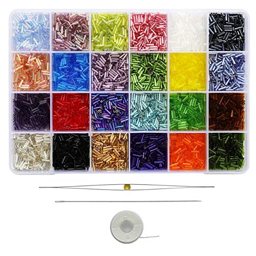 Bala&Fillic Glass Bugle Beads with Beading Needles About 7200pcs in Box ,24 Multicolor Assortment Length 6mm Tube Beads for Jewelry Making (300pcs/Color, 24 Colors) von Bala&Fillic