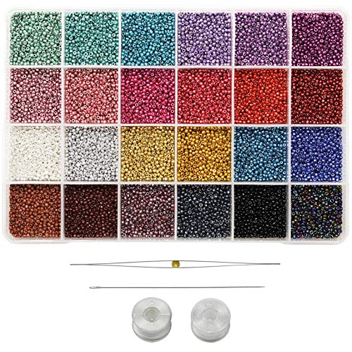Bala&Fillic Größe 11/0 Rocailles-Perlen, 24 Farben, ca. 14400 Stück in Box, kleine Bastelperlen mit transparenter, Schmuckherstellung (600 Stück/Farbe, 24 Farben) von Bala&Fillic