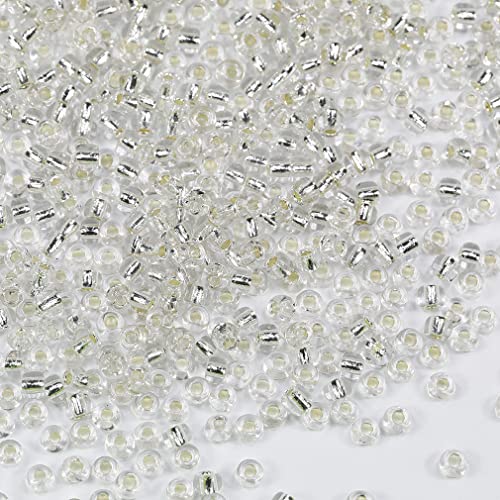 Bala&Fillic Klar Silber Farbe 3mm Perlen zum Auffädeln 3600Stücke/100Gramm,8/0 Glasperlen zur Herstellung von Armbändern, Halsketten und Ohrringen (Klar Silber) von Bala&Fillic