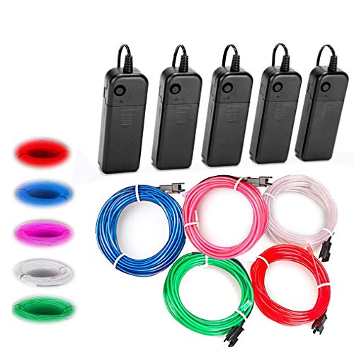 Balabaxer EL Wire, 5 Stück 2,7 m Neonlichter Tragbarer elektrolumineszenzdraht mit Batteriepack für Partys, Halloween, DIY Dekoration (grün, blau, rot, weiß, rosa) von Balabaxer