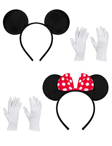Balinco Doppelpack mit Maus Ohren/Maus Haarreifen mit roter Schleife & weißen Punkten + Maus Ohren in schwarz inklusive 2 Paar weiße Handschuhe für Kinder & Erwachsene von Balinco