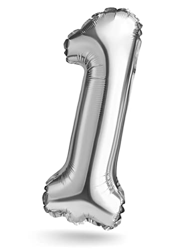 Zahlenballon, Silber, 40 cm, Geburtstagsdeko, Kindergeburtsag Deko, Jubiläum, Geschenk Folienballon für Luft oder Helium als Geburtstag, Hochzeit Abschluss Party Dekoration Überraschung (Zahl 1) von Balinco