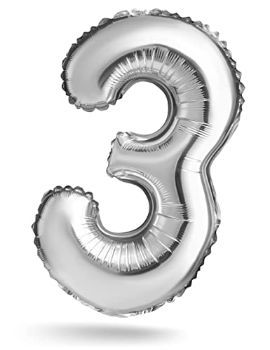 Zahlenballon, Silber, 40 cm, Geburtstagsdeko, Kindergeburtsag Deko, Jubiläum, Geschenk Folienballon für Luft oder Helium als Geburtstag, Hochzeit Abschluss Party Dekoration Überraschung (Zahl 3) von Balinco