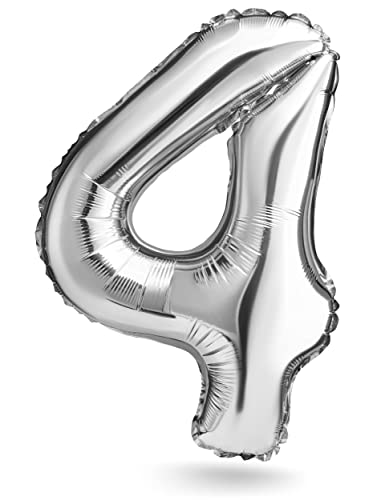 Zahlenballon, Silber, 40 cm, Geburtstagsdeko, Kindergeburtsag Deko, Jubiläum, Geschenk Folienballon für Luft oder Helium als Geburtstag, Hochzeit Abschluss Party Dekoration Überraschung (Zahl 4) von Balinco