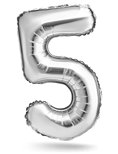 Zahlenballon, Silber, 40 cm, Geburtstagsdeko, Kindergeburtsag Deko, Jubiläum, Geschenk Folienballon für Luft oder Helium als Geburtstag, Hochzeit Abschluss Party Dekoration Überraschung (Zahl 5) von Balinco