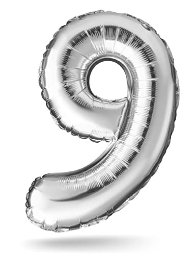 Zahlenballon, Silber, 40 cm, Geburtstagsdeko, Kindergeburtsag Deko, Jubiläum, Geschenk Folienballon für Luft oder Helium als Geburtstag, Hochzeit Abschluss Party Dekoration Überraschung (Zahl 9) von Balinco