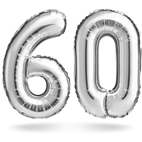 Zahlenballon, Silber, 40 cm, Geburtstagsdeko, Kindergeburtsag Deko, Jubiläum, Geschenk Folienballon für Luft oder Helium als Geburtstag, Hochzeit Abschluss Party Dekoration Überraschung (Zahlenset 60) von Balinco