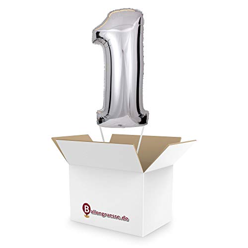 Mit Helium gefüllte Ballon Zahl 1 in Silber als Ballongruss, Überraschung, Geschenk Idee und Party Deko von Ballongruesse.de