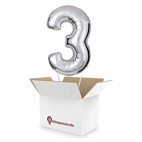 Mit Helium gefüllte Ballon Zahl 3 in Silber als Ballongruss, Überraschung, Geschenk Idee und Party Deko von Ballongruesse.de