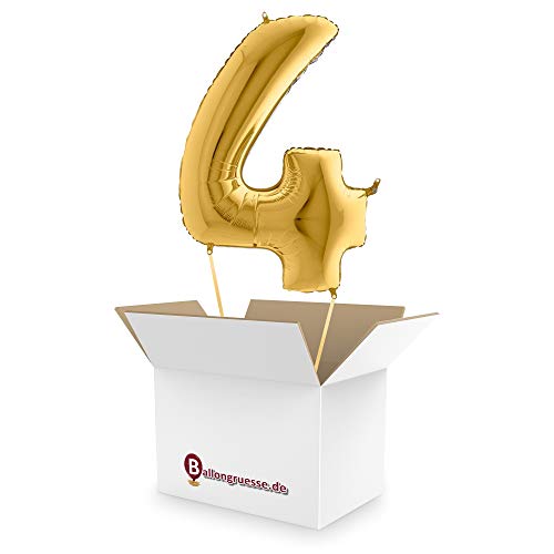 Mit Helium gefüllte Ballon Zahl 4 in Gelbgold als Ballongruss, Überraschung, Geschenk Idee und Party Deko von Ballongruesse.de